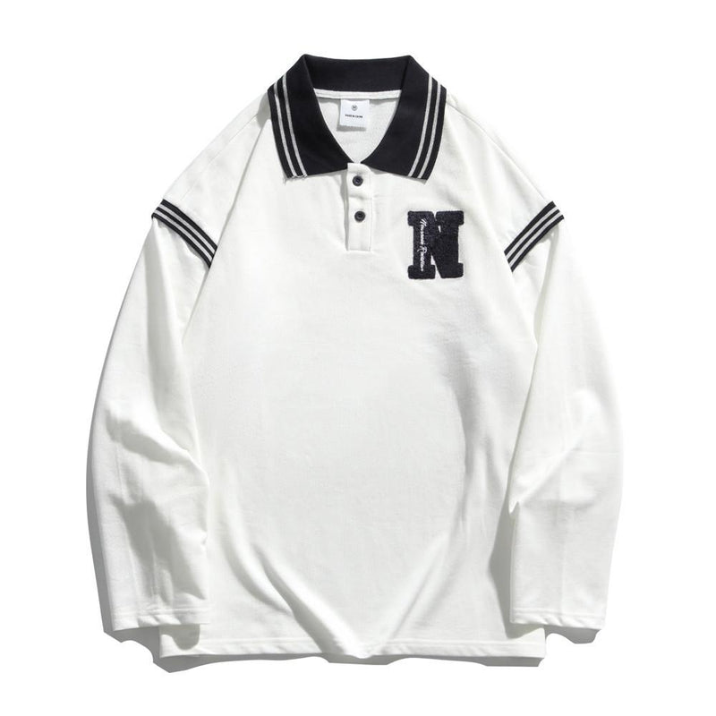 Men's T Shirt Summer Casual Tops Letter Embroidered Long Sleeve T-shirt Men's Color Stitching Turnover Neck Pullover Boyfriend Harajuku Style Trendy