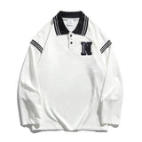 Men's T Shirt Summer Casual Tops Letter Embroidered Long Sleeve T-shirt Men's Color Stitching Turnover Neck Pullover Boyfriend Harajuku Style Trendy