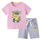 Children Pokemon Pikachu Tshirts & Shorts Cotton Short Sleeve Shorts Two Pieces Neutral
