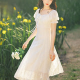 Women Cottagecore Dress French Style Puff Sleeve Waist-Tight Summer Snow Dress