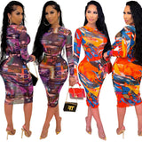 Abstract Bodycon Dress Sexy Tight Mesh Autumn Long Sleeve Dress for Women