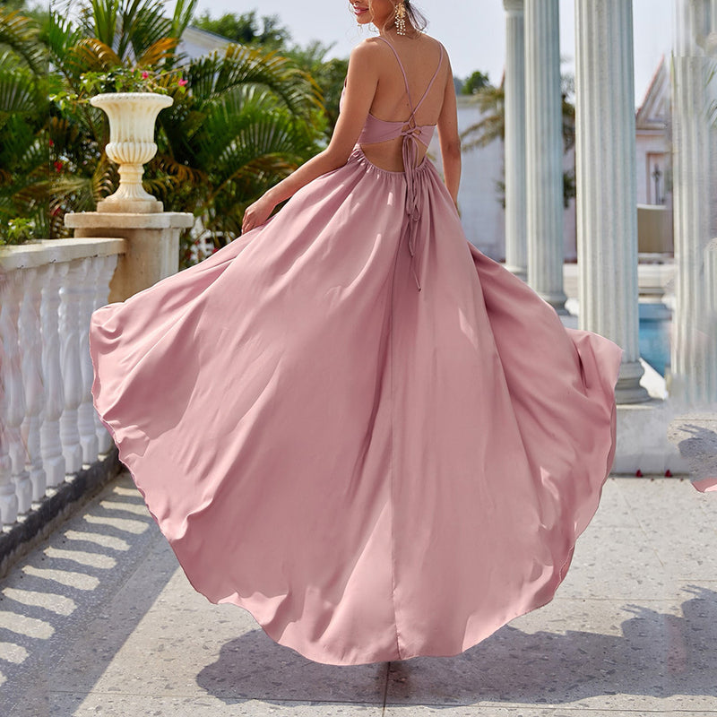 Prom Dresses Summer Banquet Footwear Deep V Sexy Solid Color Dress