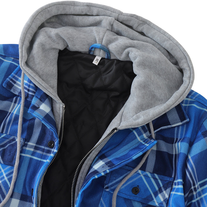 Mens Flannel Jacket with Hoodie Autumn and Winter Plaid, Brushed Warm Shirt Jacket Hoodie