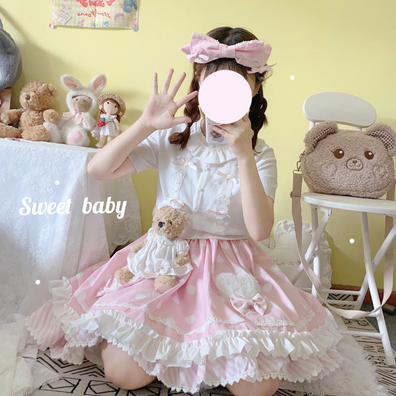 Gothic Lolita Harajuku Style Clothing Short Bow French Girl White Short Sleeve Knitted Tup Cardigan