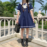 Gothic Lolita Harajuku Style Clothing College Style Sailor Collar Contrast Color Double Breasted Dress for Women