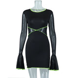 Kesha Black Dress Solid Color round-Neck Flared Sleeves Mesh Stitching Sexy See-through Sheath Dress