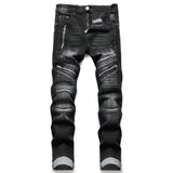 J Shaped Jeans New Men's Jeans Slim Straight Pleated Zipper Motorcycle Snowflake Holes, Blue