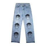 Anime Print Jeans Denim Pants Summer Anime Wide Leg Pants Loose Retro Denim Pants Men