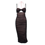 Women Summer Dresses Midi Dress Sexy Mesh Hollow-out Pleated Backless Midi Dress