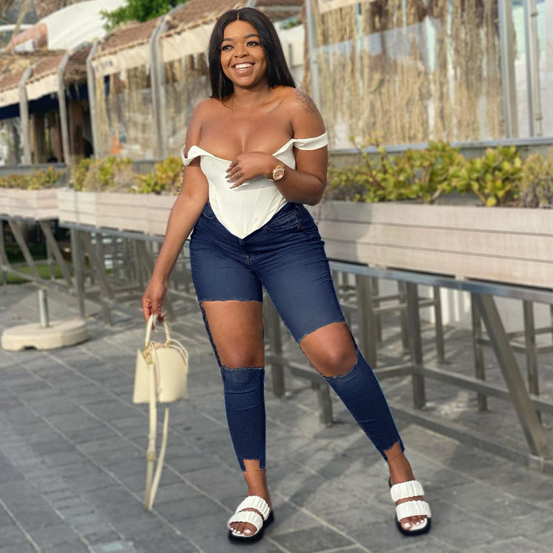 Women Plus Size Jeans Slim Ripped Denim Skinny Pants