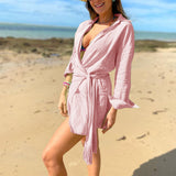 Women Bohemian Dress Spring and Summer Women's Clothing Long Sleeve Lapel Vacation Style Cotton and Linen Dress