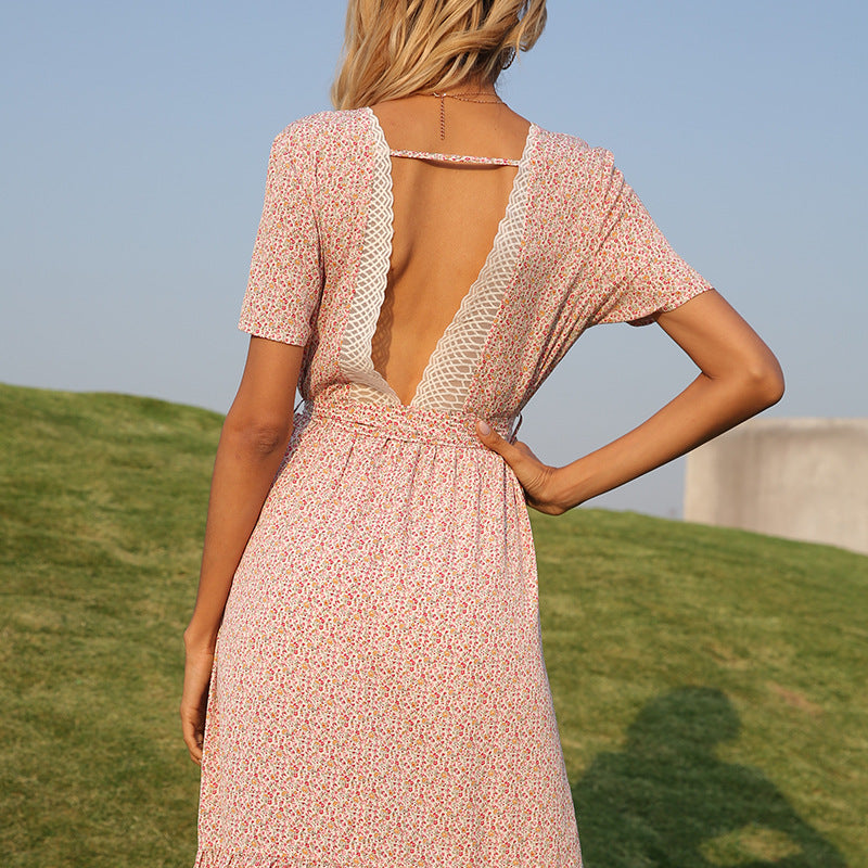 Beth Dutton Bohemian Dress Summer Spring Midi Dresses Summer Floral Backless round Neck Short Sleeve Sexy Dress