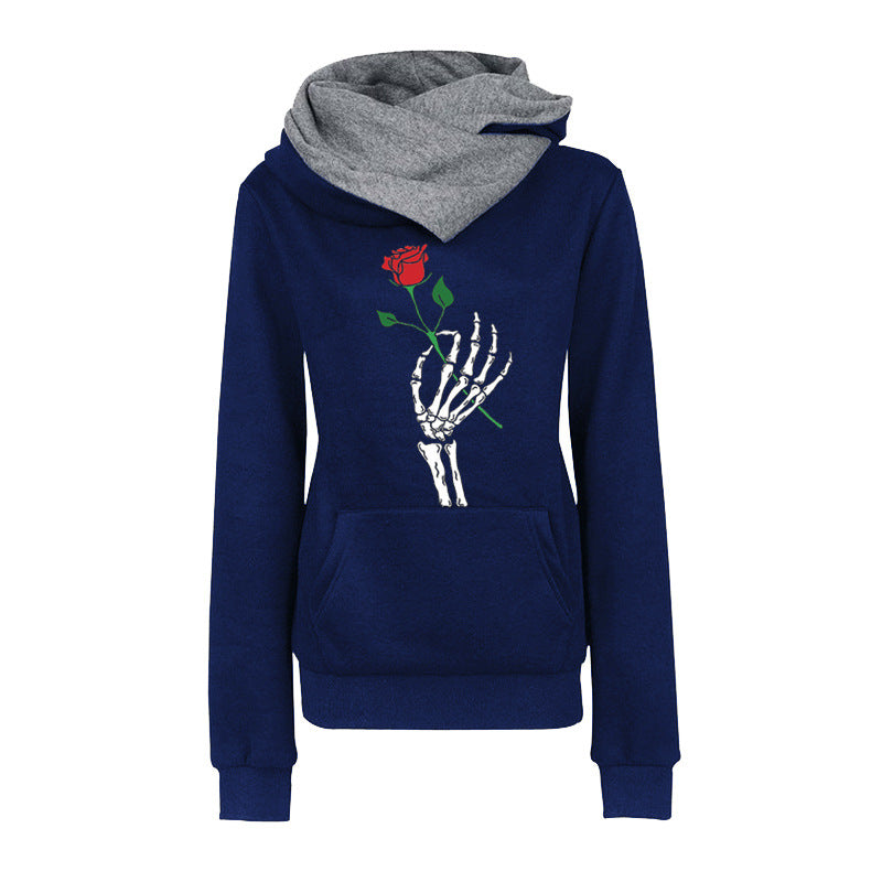 Black Rose Hoodie Lapel Pattern Printed Hooded Personality Sweater