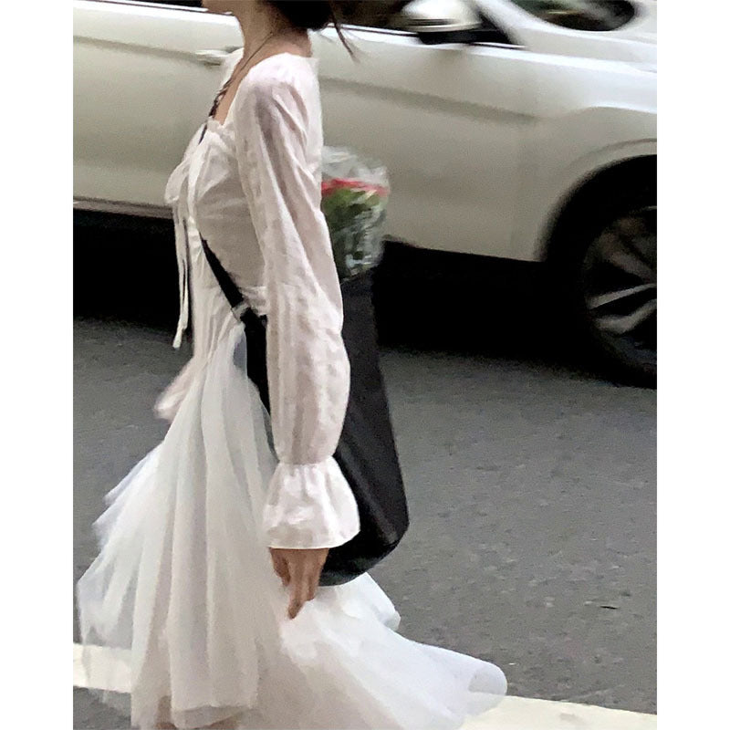Fairy Dress White Dress Long Fairy Dress Autumn Puff Sleeve Irregular Mesh Dress