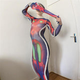 Music Festivals Rave Outfits Dress Autumn Turtleneck Long Sleeve Sexy See-through Printed Slim Fit Sheath Dress