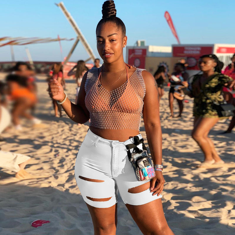 Women Plus Size Denim Shorts Ripped Slim Fit Denim Shorts