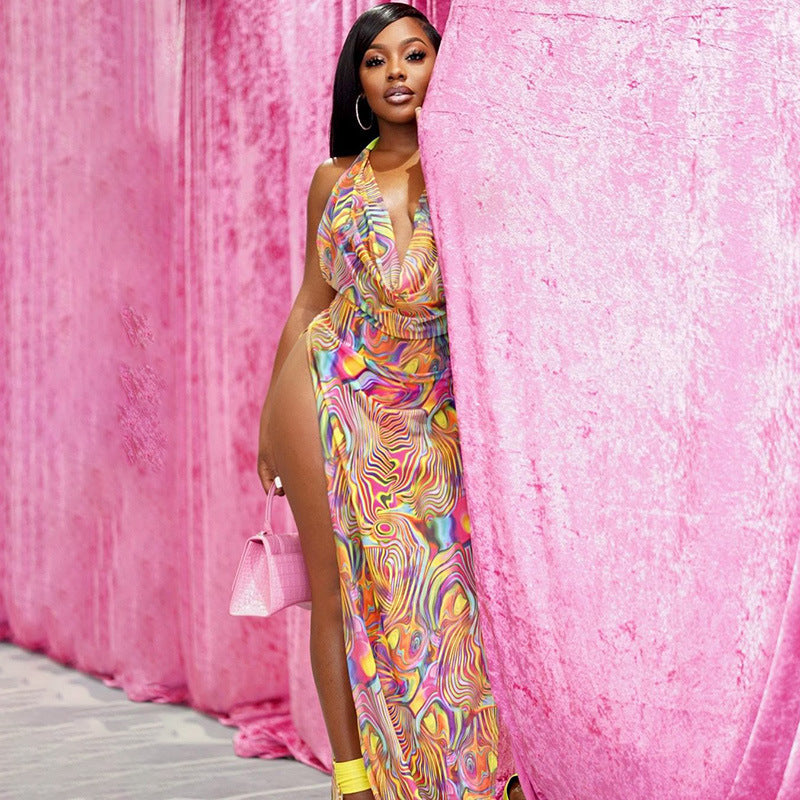 Nina Parker Dresses Sexy Backless Mesh Self-Tie Slit Dress