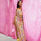 Nina Parker Dresses Sexy Backless Mesh Self-Tie Slit Dress