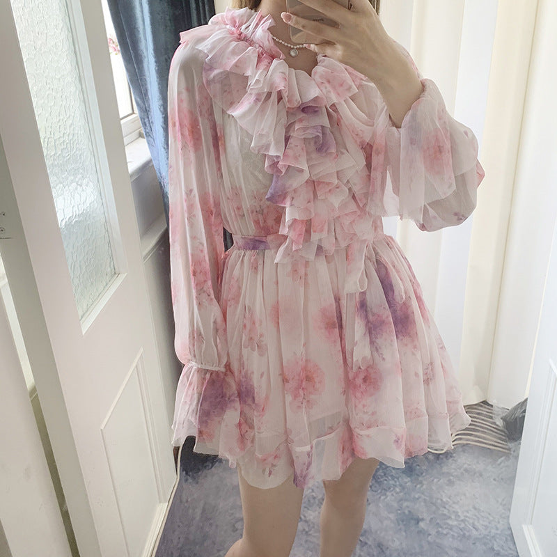 Fairy Dress Fairy Dress Pants Romantic V-neck Lace-up Printed Chiffon Suspender Long Culottes