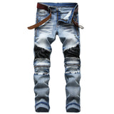 J Shaped Jeans Men's Oversized Jeans Ripped Motorcycle Zipper Pleated
