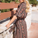 Women Bohemian Dress Spring and Summer Long Sleeves Lapel Print Dress