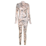 Fall Women's Clothing Fashion Printed High Waist Tight Long Sleeve Hip Lifting Sport Fitness Jumpsuit