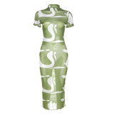 Music Festivals Rave Outfits Dress Summer round Neck Short Sleeves Sexy Mesh See-through Slim-Fit Printed Dress