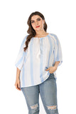 Women Plus Size Tops Summer Loose-Fitting Tassel Drawstring Stripes Half Sleeve Shirt