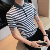 Men Polo Shirts Striped Shirt Slim Fit Lapel T-shirt