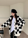 Preppy Aestitic Outfits Black and White Checkerboard Plaid Knitted Sweater