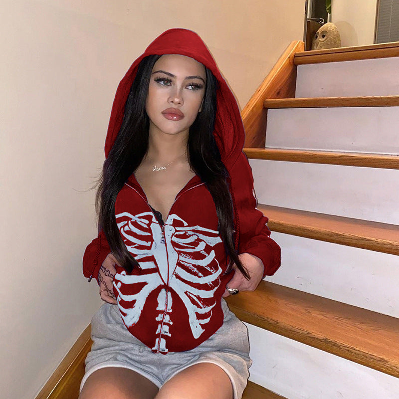 Skeleton Hoodie Autumn Sternum Pattern Long-Sleeved Top Loose Casual Hooded Zipper Sweater Coat