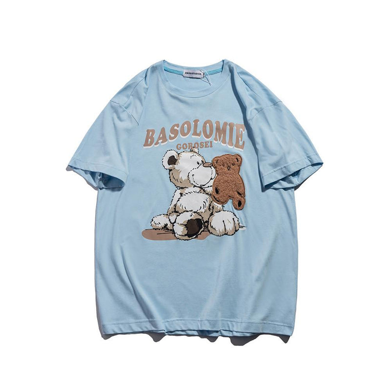 Men's T Shirt Summer Casual Tops Cartoon Plush Bear Embroidery Short Sleeve T-shirt Men's round Neck Half Sleeve Street Fashion Cropped Sleeve