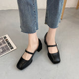 Nude Pumps Block Heel Mary Jane Leather Shoes