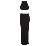 Women Top & Skirt 2 Piece Set Summer Cropped Tank Top Slim Fit Slit Skirt Suit
