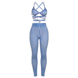 Women Top & Pant 2 Piece Set Summer Stripes Strap Vest Slim-Fit Pants Suit