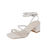 Nude Wide Fit Block Heels Stiletto Rhinestone Chunky Heel Sandals