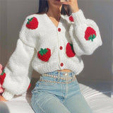 Women Coats Autumn and Winter Single-Breasted V-neck Knitted Cardigan Strawberry Long-Sleeved Sweater