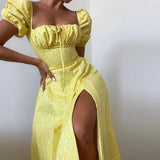 Women Summer Dresses Midi Dress Fashion Puff Sleeve Floral Dress