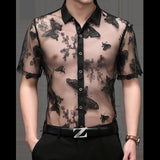 Transparent Shirt for Men Men's Short-Sleeved Shirt Slim Hollow out Embroider Jacket