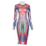 Music Festivals Rave Outfits Dress Autumn Turtleneck Long Sleeve Sexy See-through Printed Slim Fit Sheath Dress