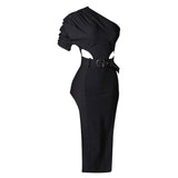 Women Bodycon Dress One-Shoulder Evening Dress with Belt Mid-Length Ladies Dress