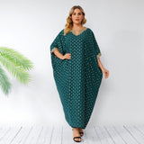 Women Plus Size Maxi Dresses Polka-Dot Loose-Fitting Batwing Sleeve Large Swing Dress