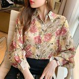 Beth Dutton Outfits Floral Lantern Sleeve Chiffon Shirt Shirt Women's Fall Lapels Floral Long Sleeve Shirt