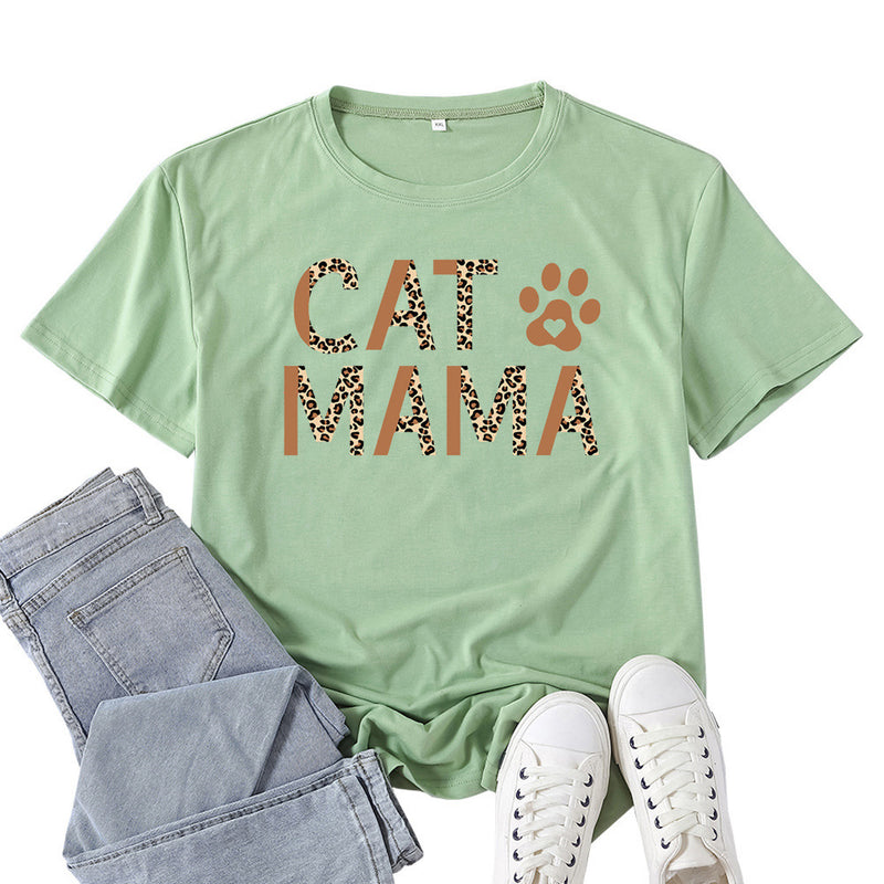 Boy Mama T Shirts Cat Mama Leopard Print Letter Print T-shirt