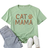 Boy Mama T Shirts Cat Mama Leopard Print Letter Print T-shirt