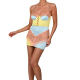 Women Exotic Dresses Summer Color Matching Hollow out Strap Breasted Sexy Lace Dress