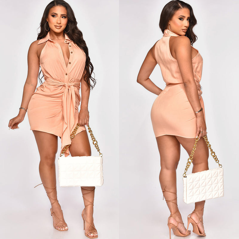 Bella Hadid Dress Casual Pleated Lace-up Shirt Dress