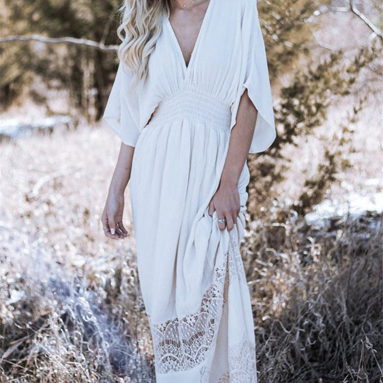 Women Dresses Bohemian Beach Solid Color V-neck Dress Long Dress