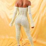 Fall Women's Clothing Sexy Mesh Floral Print off-Neck High Waist Tight Casual Jumpsuit Women