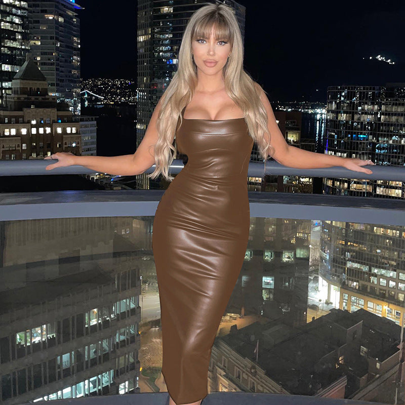 Emily Ratajkowski Dress Slim-Fit Leather Vest Long Dress Suspender Dress